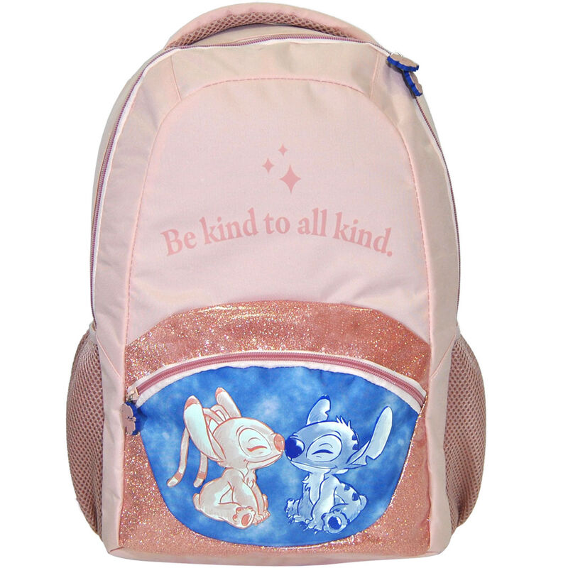 A „Be kind to all kind feliratos” Disney Stich hátizsák első részén található Stich és Angel minta minden Disney-rajongó szívét garantáltan megdobogtatja.