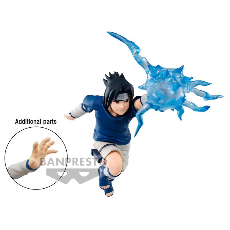 A tizenkét centiméter magas Naruto Effectreme Uchiha Sasuke figura részletesen kidolgozott modell, melyhez ajándék kiegészítőket is kapunk a kiállításhoz.